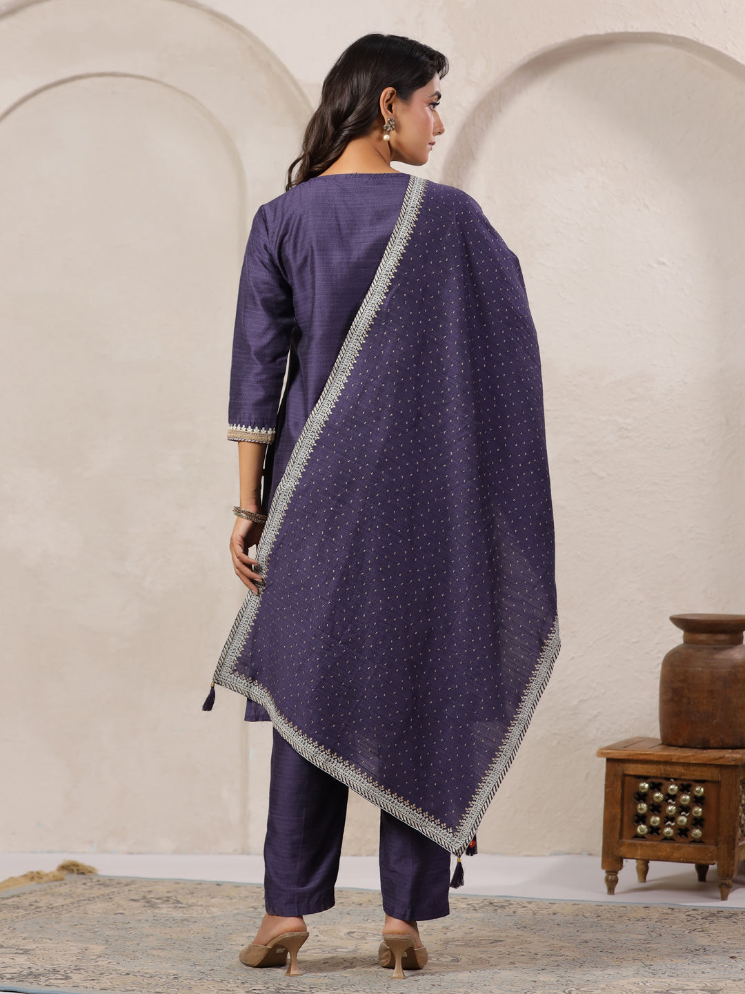 Span Purple Round Neck Visocse Kurta