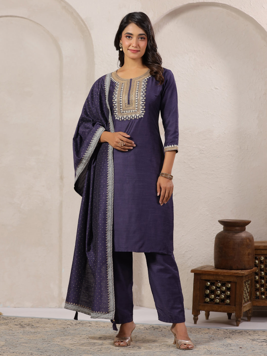Span Purple Round Neck Visocse Kurta