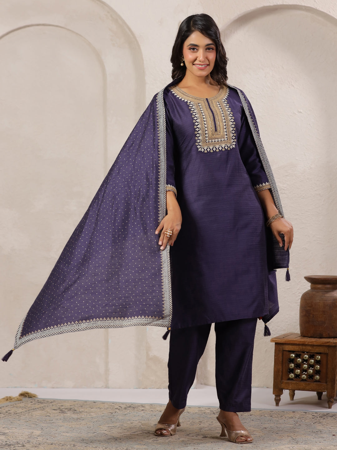 Span Purple Round Neck Visocse Kurta
