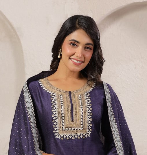 Span Purple Round Neck Visocse Kurta