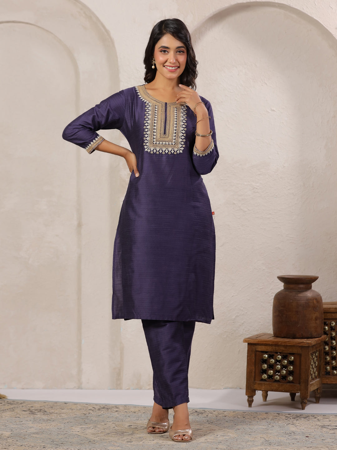 Span Purple Round Neck Visocse Kurta