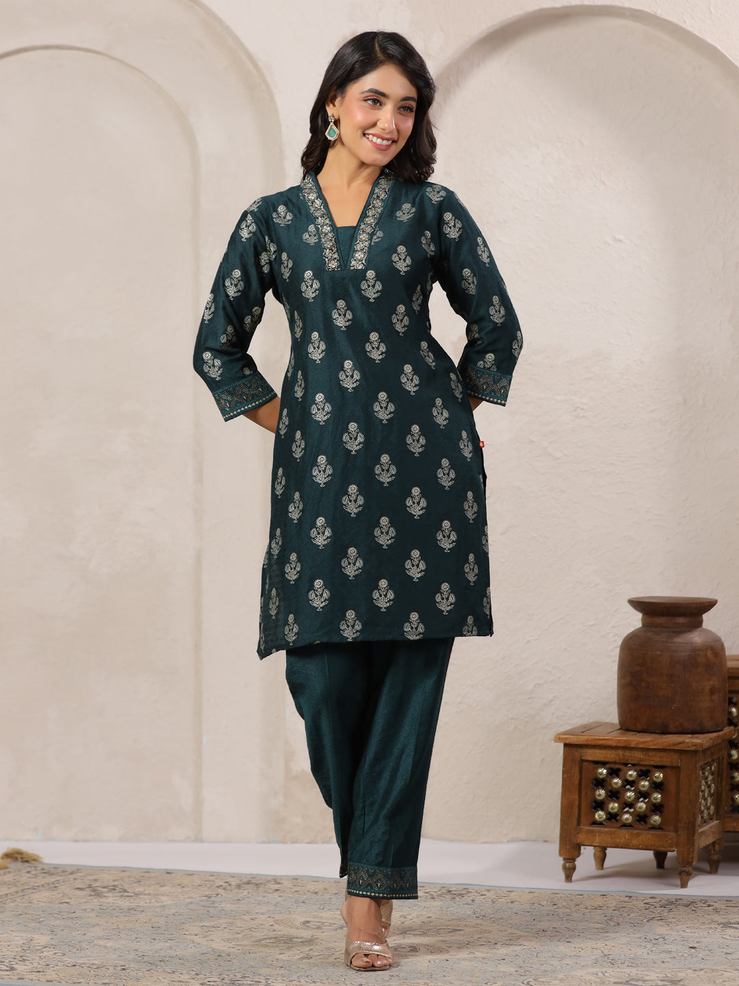 Span Green V Neck Visocse Co-Ord Set(Set of 2)