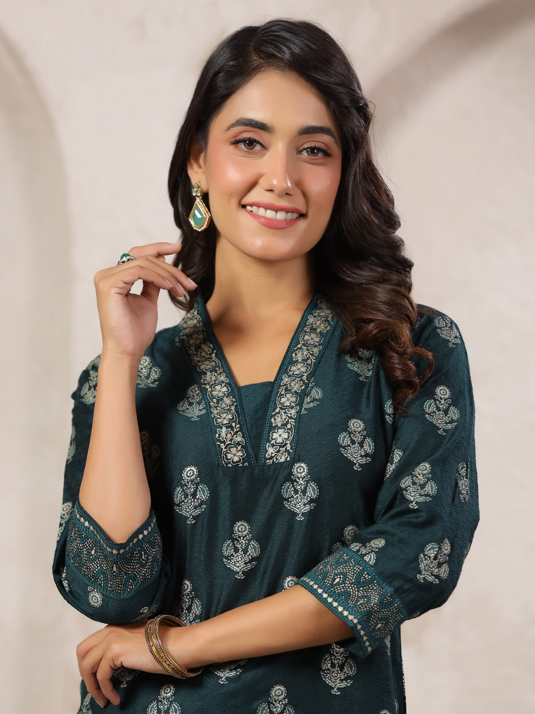 Span Green V Neck Visocse Co-Ord Set(Set of 2)
