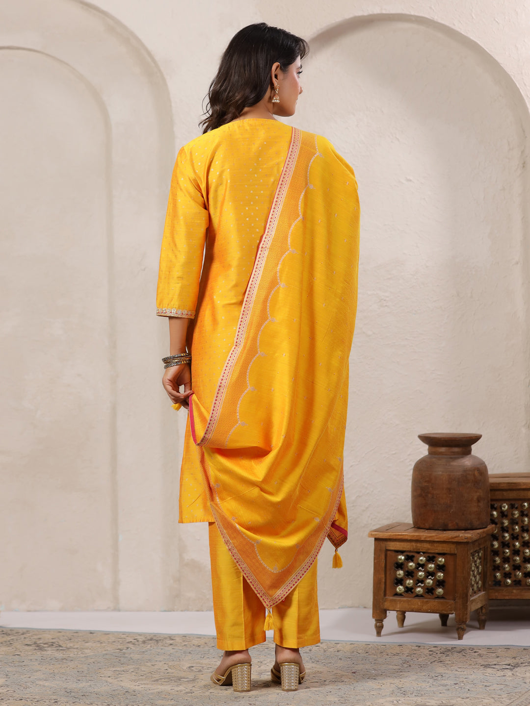 Span Yellow Round V Neck Silk Kurta