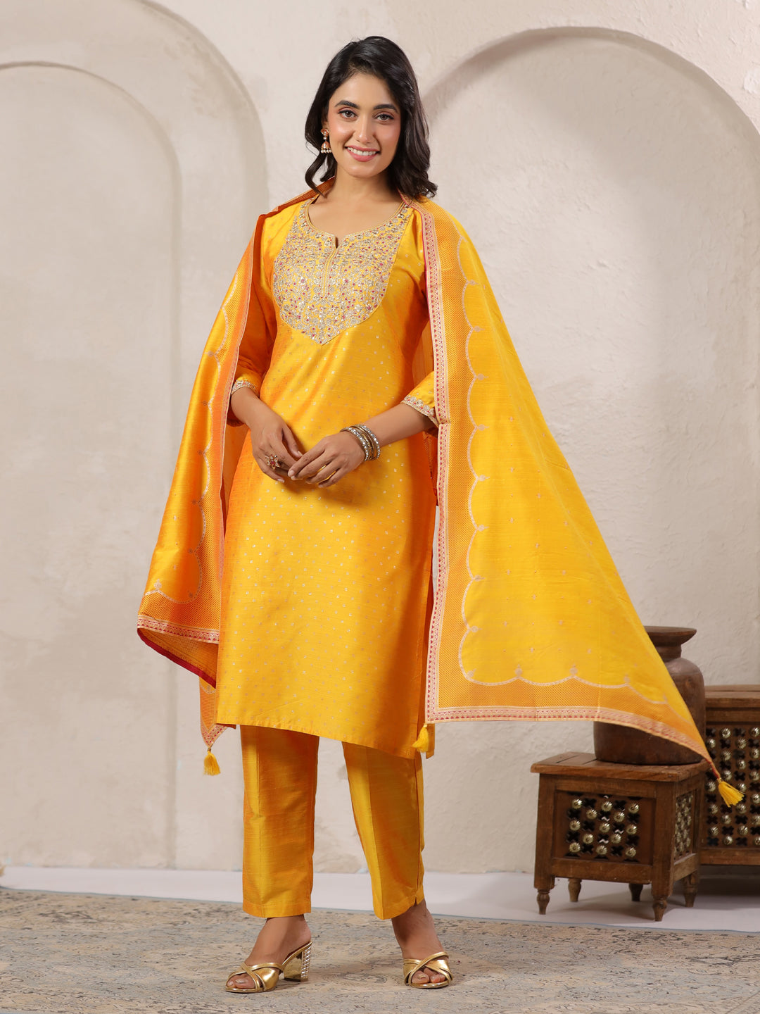 Span Yellow Round V Neck Silk Kurta
