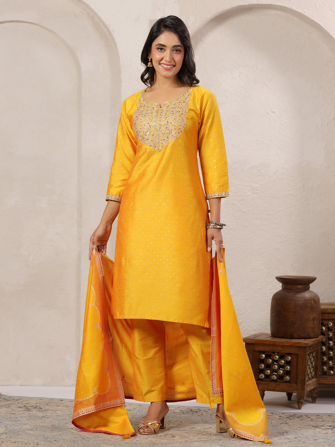 Span Yellow Round V Neck Silk Kurta