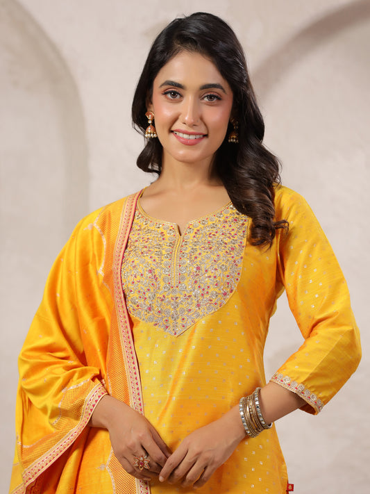 Span Yellow Round V Neck Silk Kurta