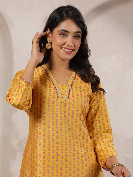 Span Yellow V Neck Viscose Short Kurta
