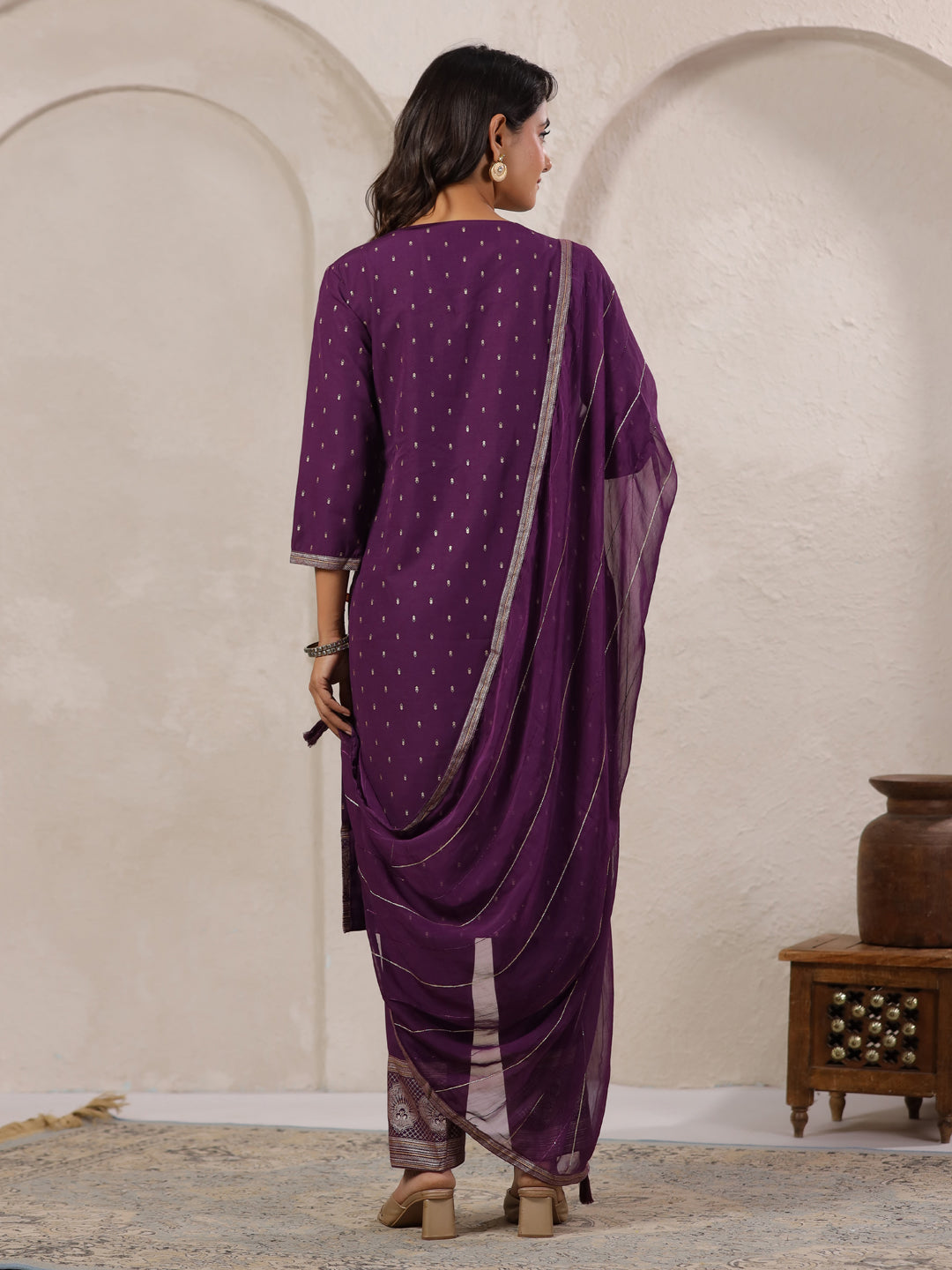 Span Purple Round Neck Rayon Kurta Set with Dupatta