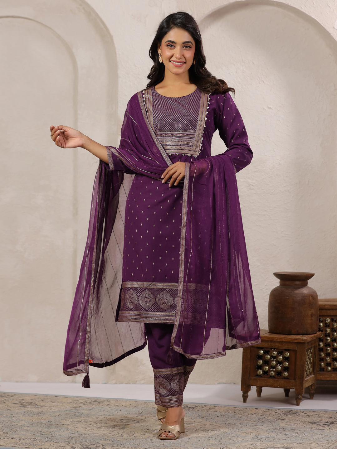 Span Purple Round Neck Rayon Kurta Set with Dupatta