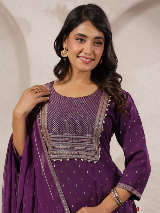 Span Purple Round Neck Rayon Kurta Set with Dupatta