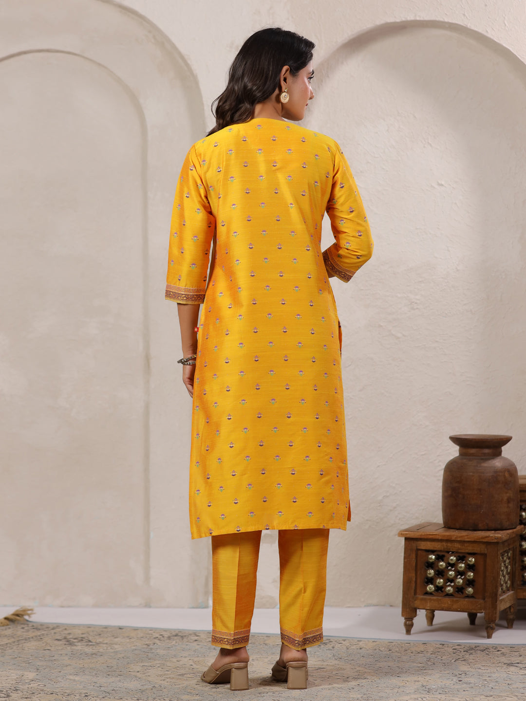 Span Yellow V Neck Silk Co-Ord Set(Set of 2)