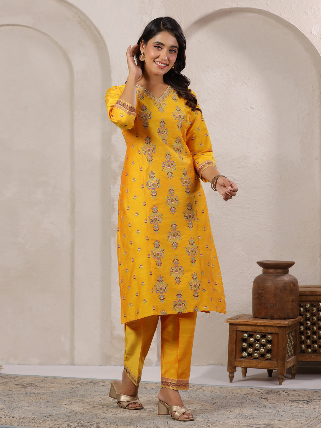 Span Yellow V Neck Silk Co-Ord Set(Set of 2)