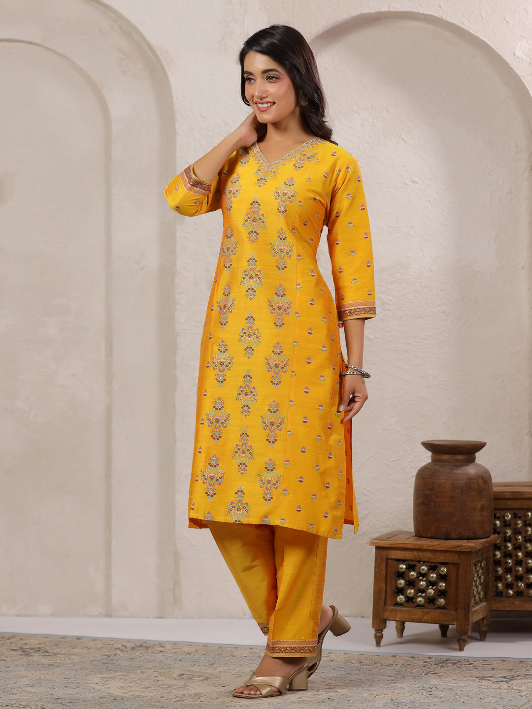 Span Yellow V Neck Silk Co-Ord Set(Set of 2)