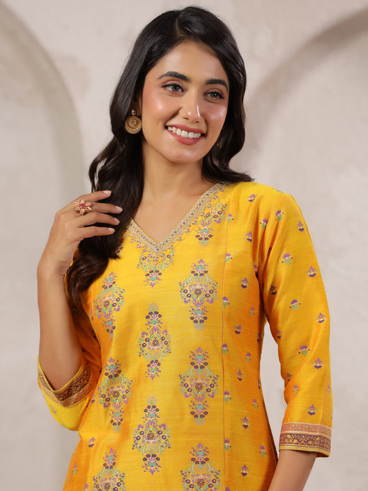 Span Yellow V Neck Silk Co-Ord Set(Set of 2)