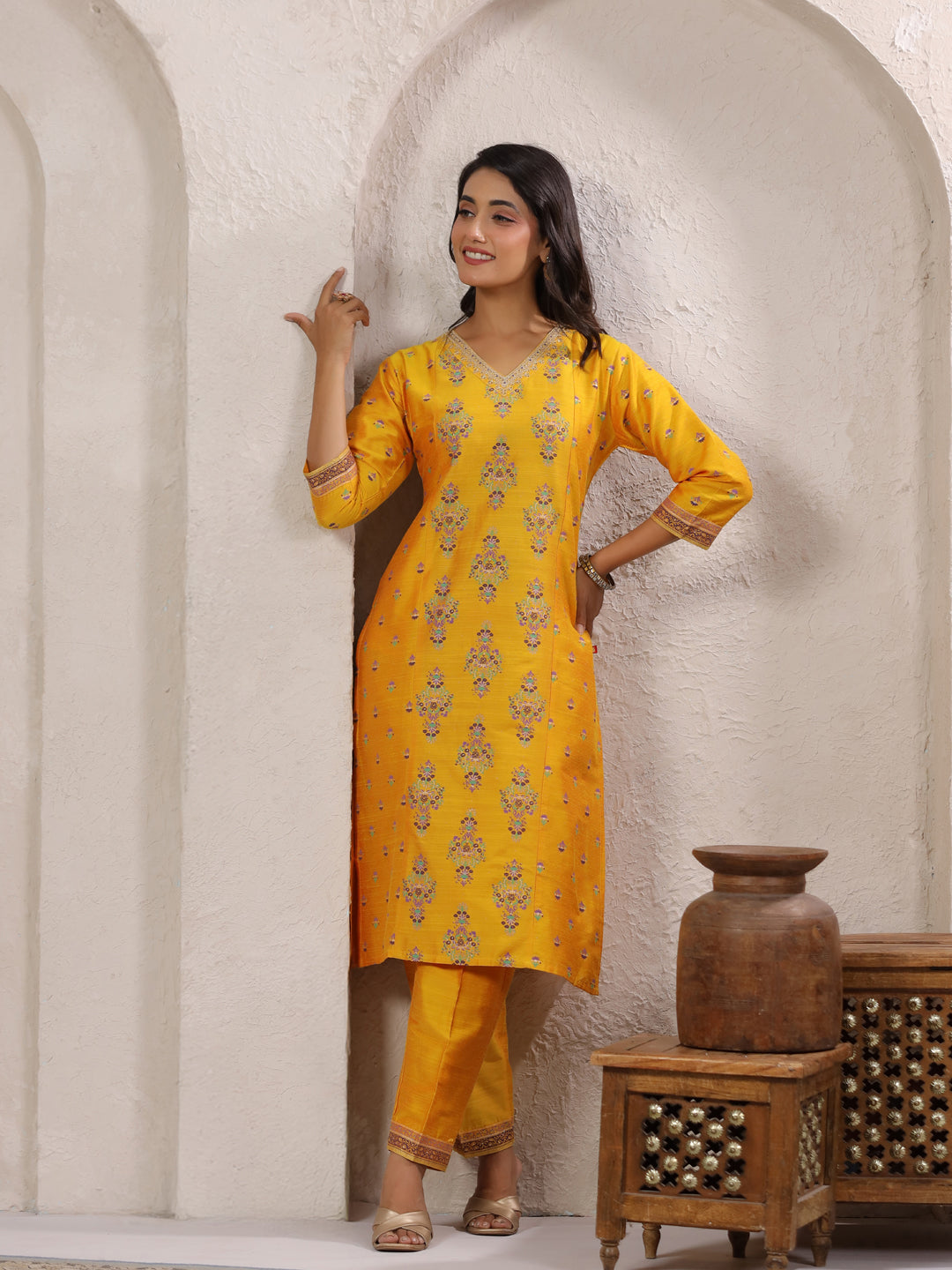 Span Yellow V Neck Silk Co-Ord Set(Set of 2)