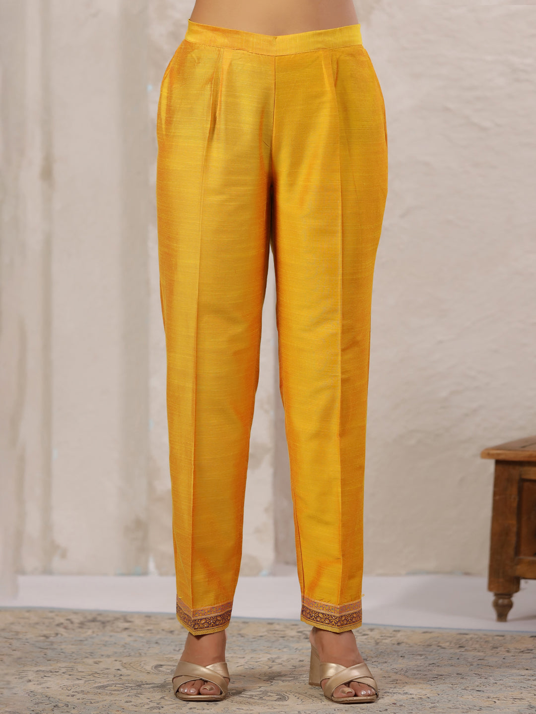 Span Yellow V Neck Silk Co-Ord Set(Set of 2)