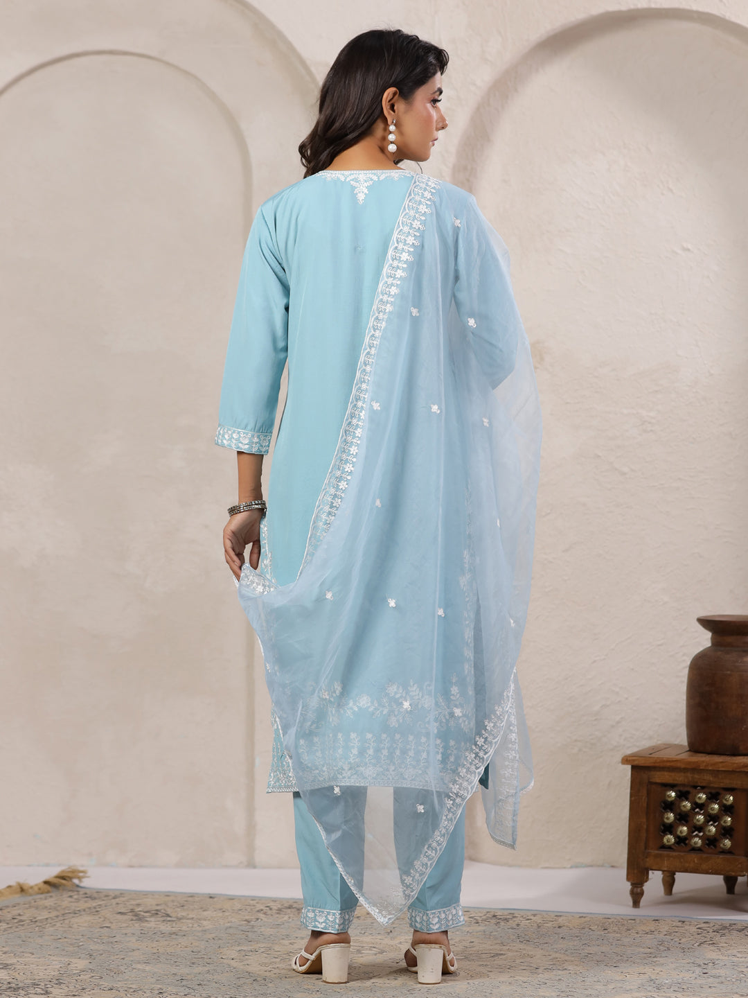Span Blue V Neck Rayon Kurta Set with Dupatta