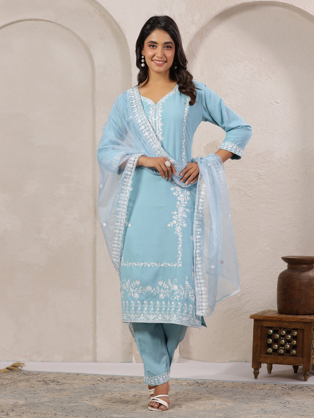 Span Blue V Neck Rayon Kurta Set with Dupatta