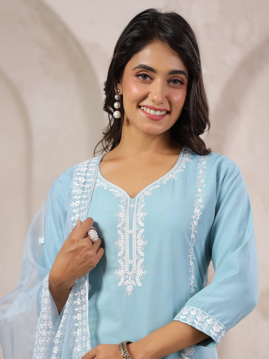Span Blue V Neck Rayon Kurta Set with Dupatta