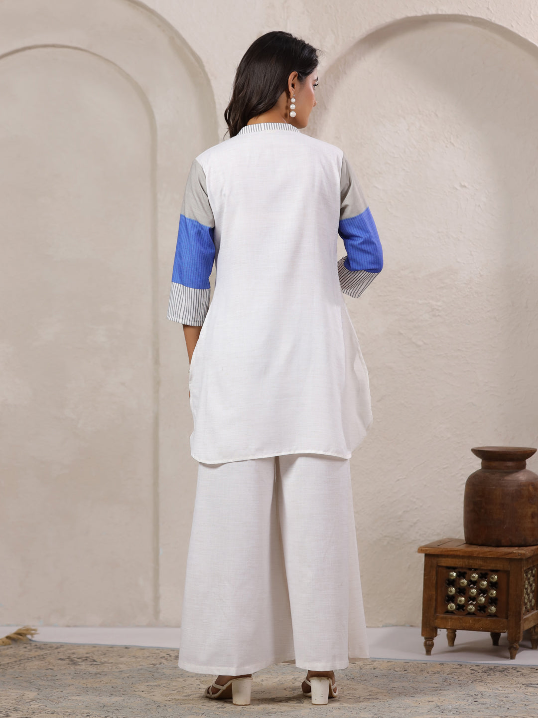 Span White Mandarin Viscose Co-Ord Set (Set of 2)