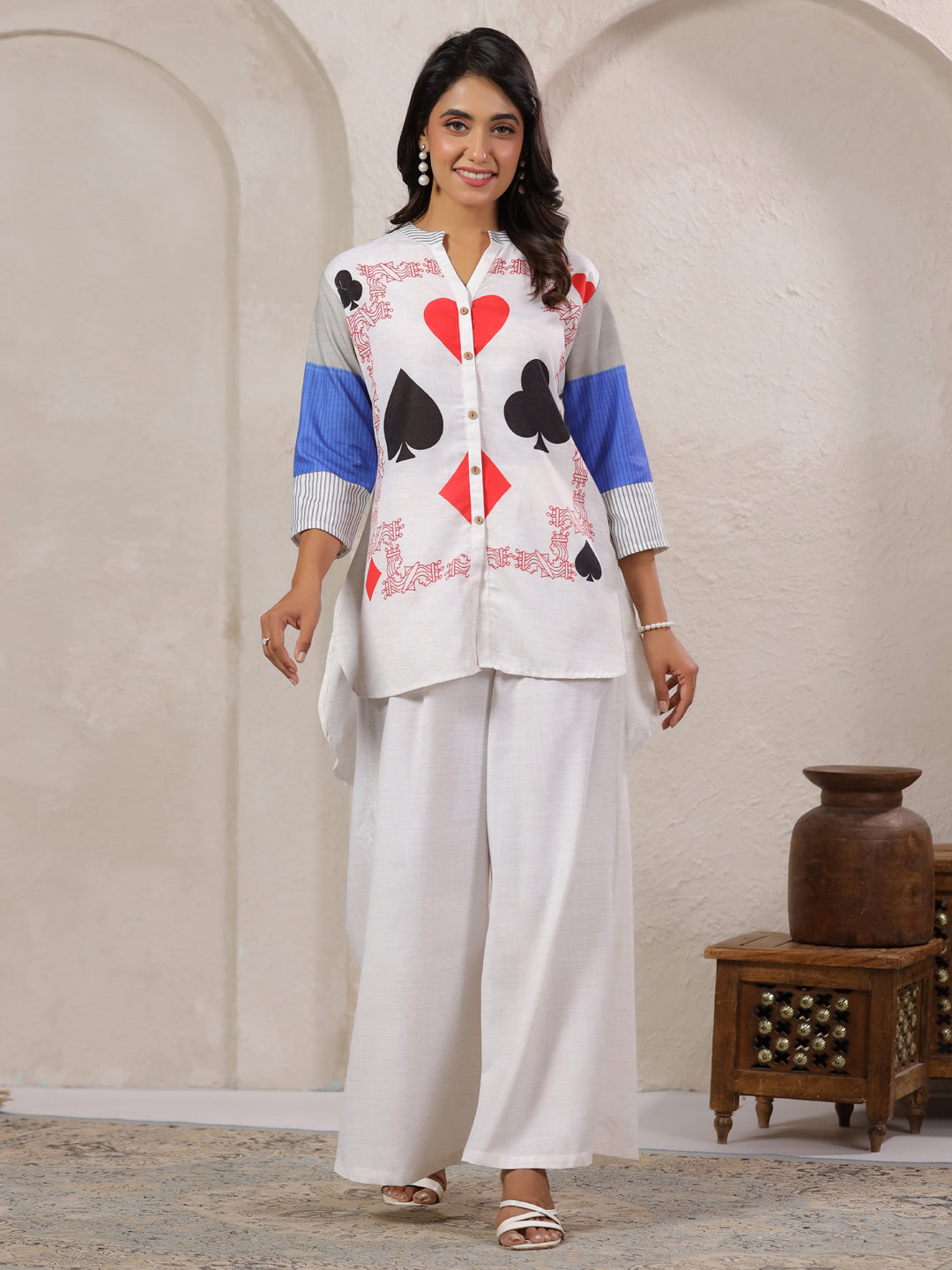 Span White Mandarin Viscose Co-Ord Set (Set of 2)