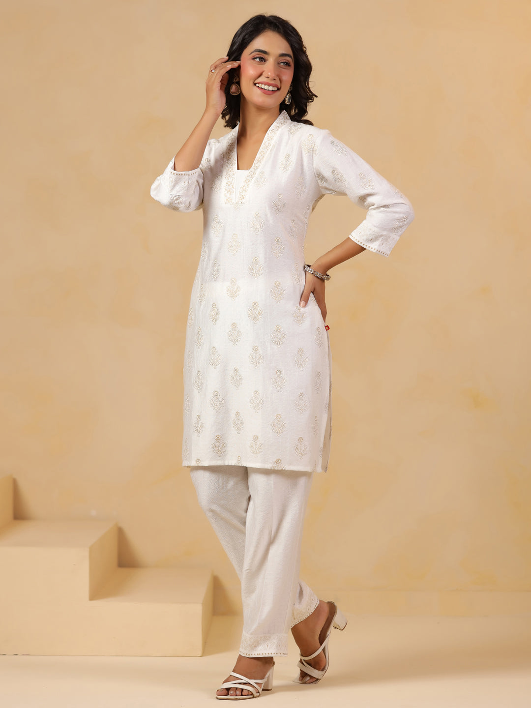 Span White V Neck Visocse Co-Ord Set(Set of 2)