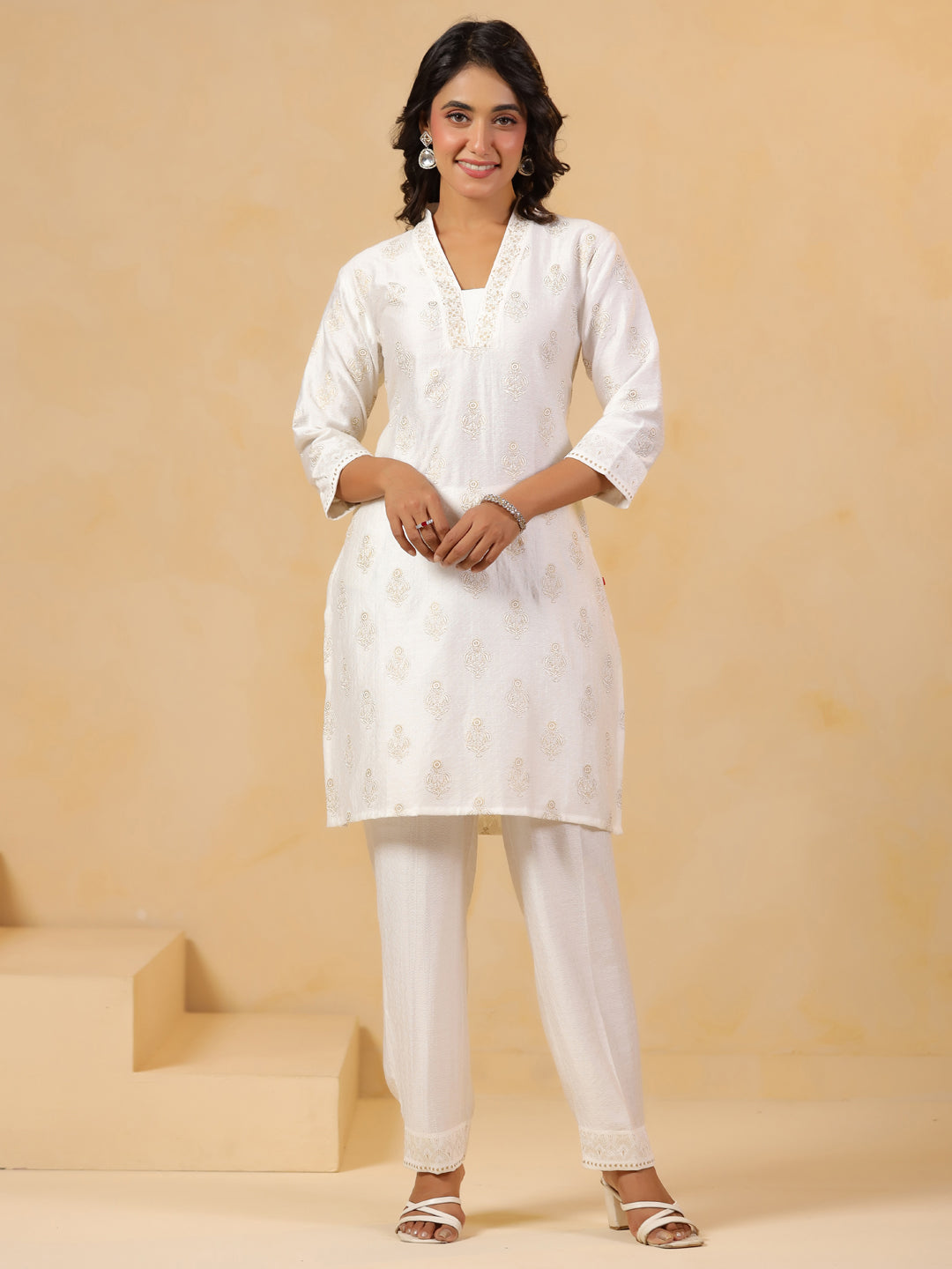 Span White V Neck Visocse Co-Ord Set(Set of 2)