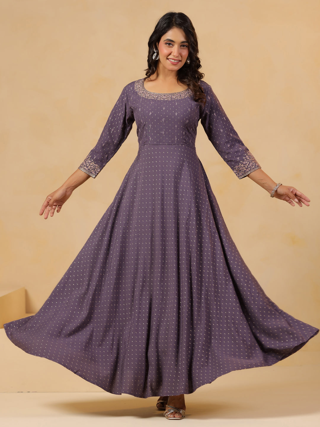 Span Purple Round Neck Silk Gown
