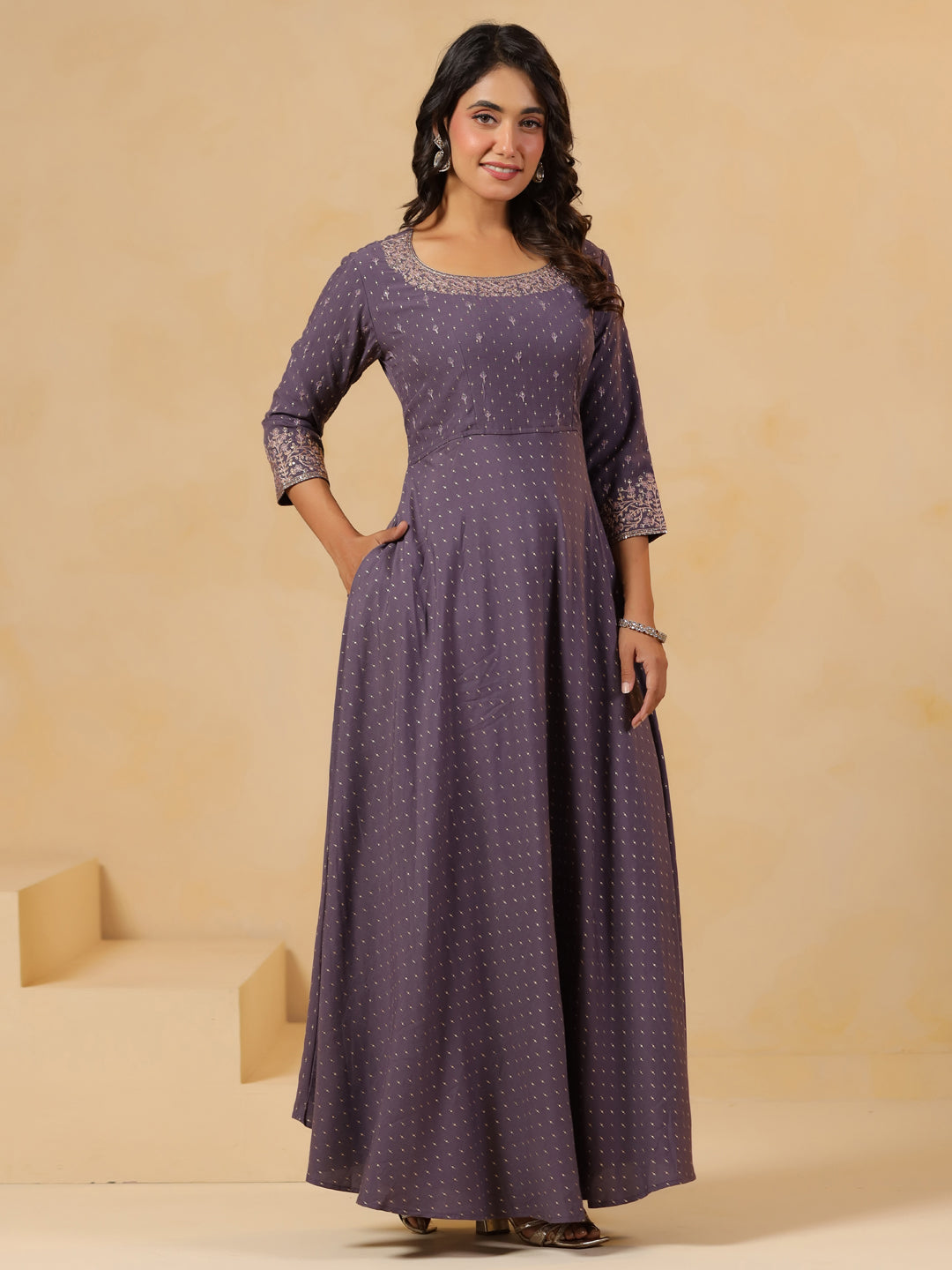 Span Purple Round Neck Silk Gown