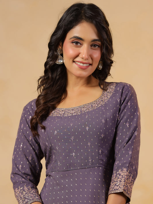 Span Purple Round Neck Silk Gown