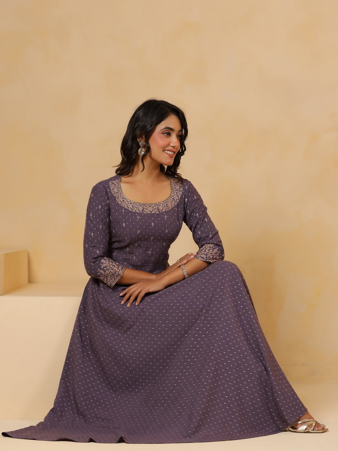 Span Purple Round Neck Silk Gown