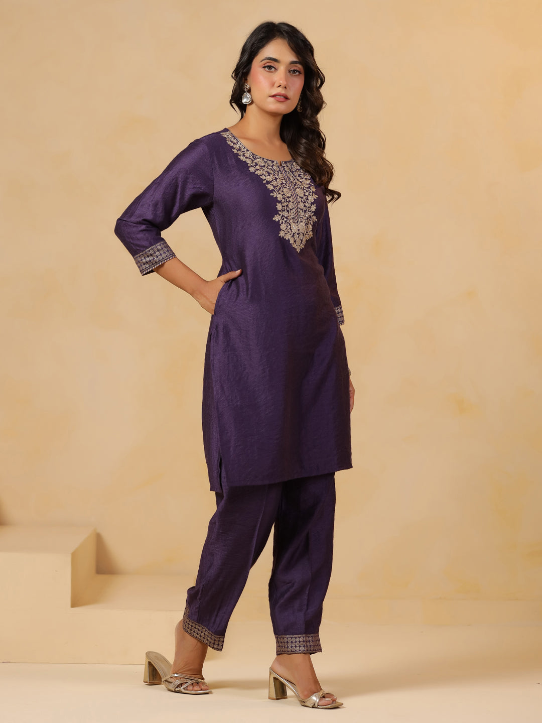 Span Purple Round Neck Visocse Co-Ord Set( Set of 2)
