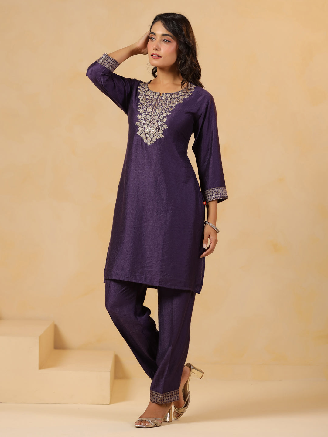 Span Purple Round Neck Visocse Co-Ord Set( Set of 2)