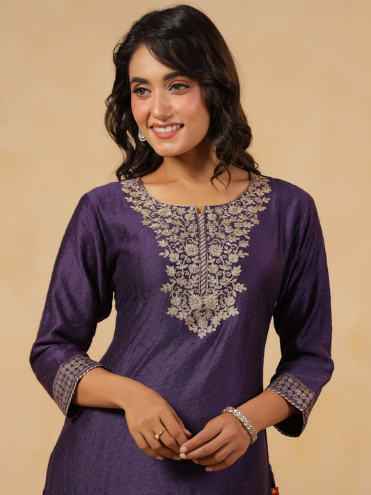 Span Purple Round Neck Visocse Co-Ord Set( Set of 2)