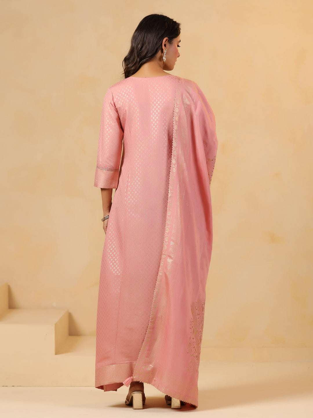 Span Pink Round Neck Viscose Gown with Dupatta