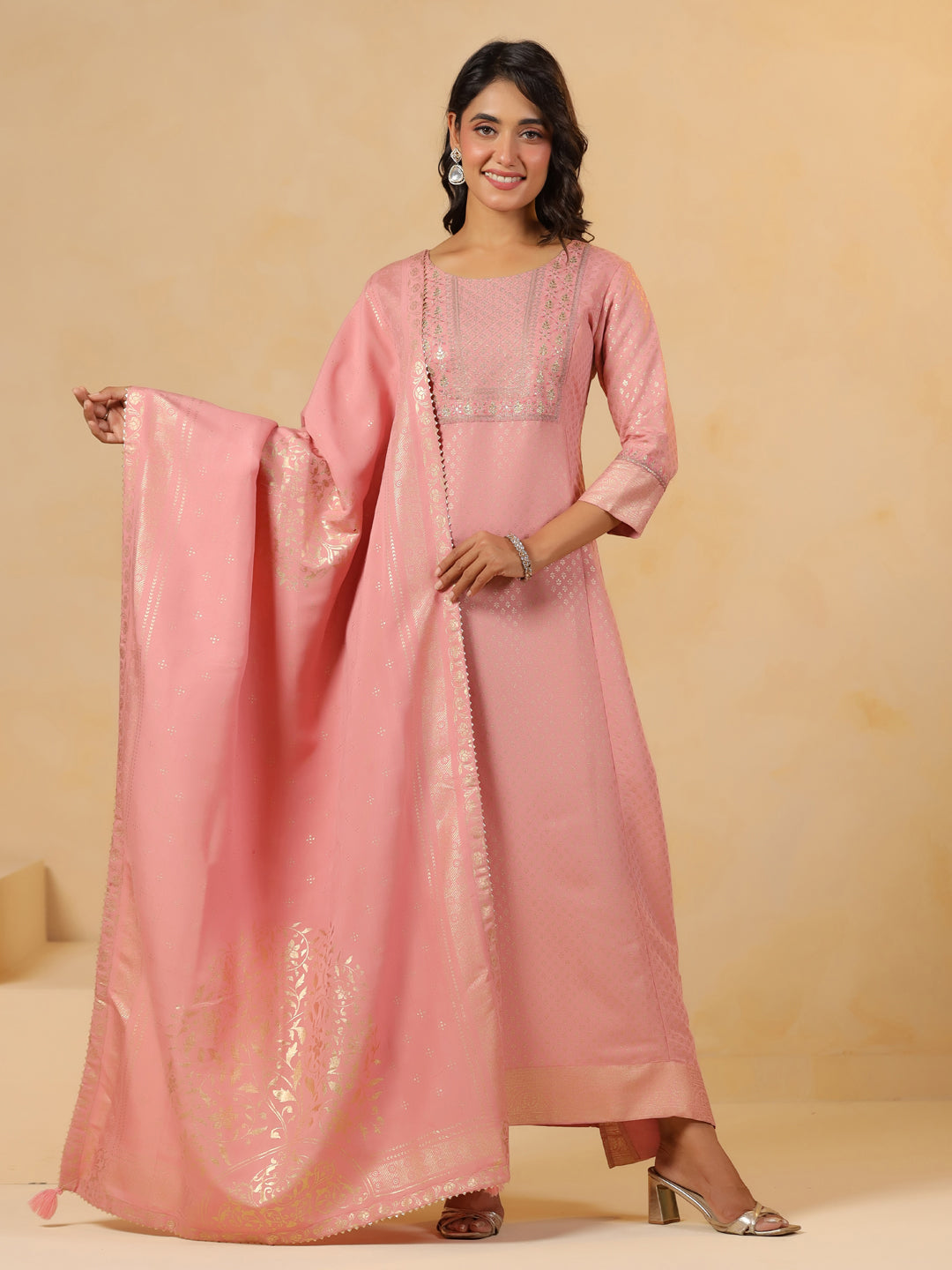 Span Pink Round Neck Viscose Gown with Dupatta