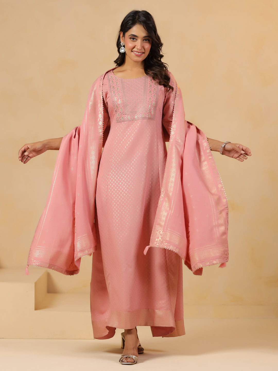 Span Pink Round Neck Viscose Gown with Dupatta