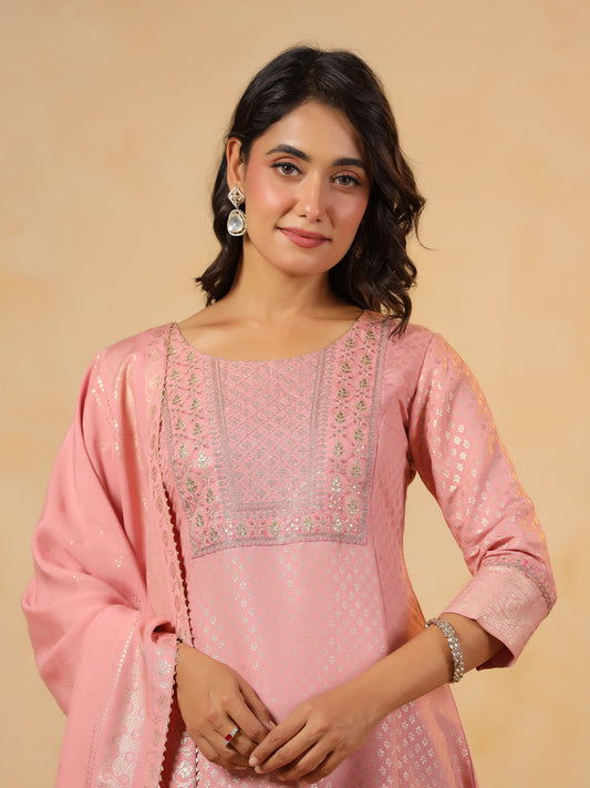 Span Pink Round Neck Viscose Gown with Dupatta