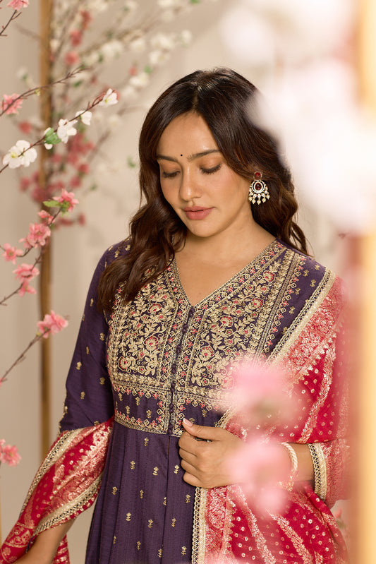 Span Purple V Neck Viscose Kurta Set with Dupatta