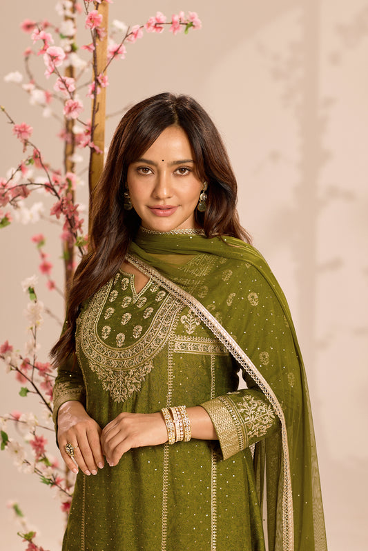 Span Green Round Neck Silk Kurta Set with Dupatta