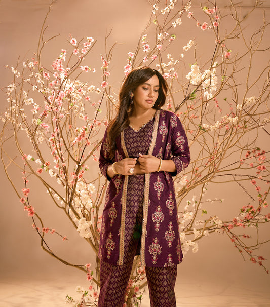 Span Purple V Neck Silk Jacket Style 3PCS Set