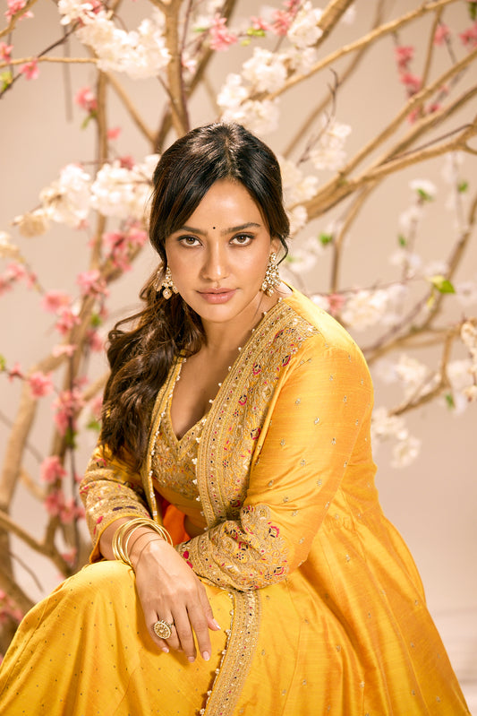 Span Yellow V Neck Silk Jacket Style 3PCS Set