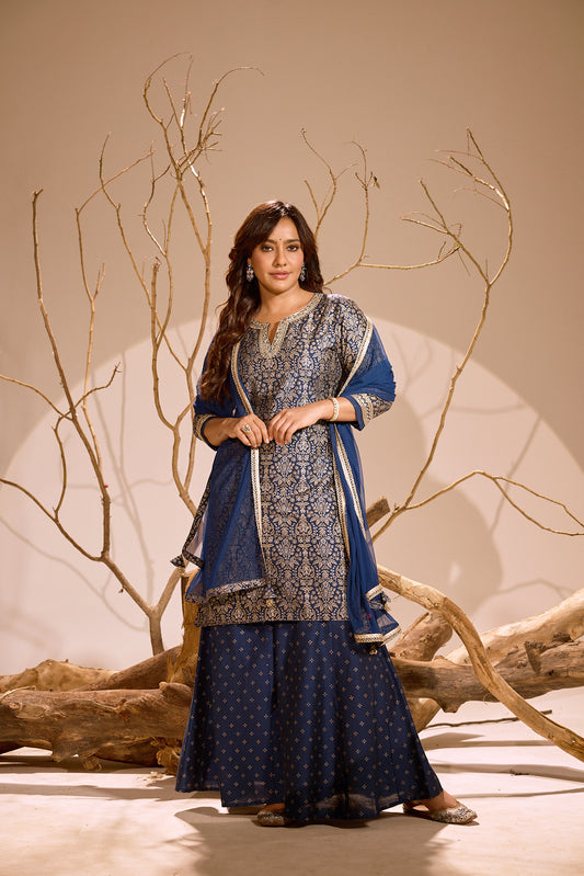 Span Blue V Neck Silk Kurta