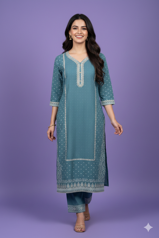 Blue V Neck Cotton Kurta