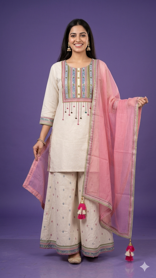 Ivory Round Neck Cotton Kurta Set with Dupatta