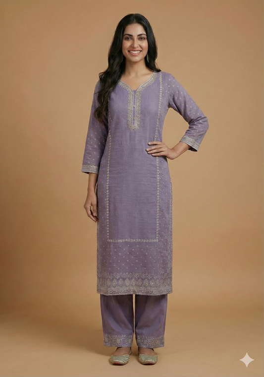 Purple Round V Neck Cotton Kurta