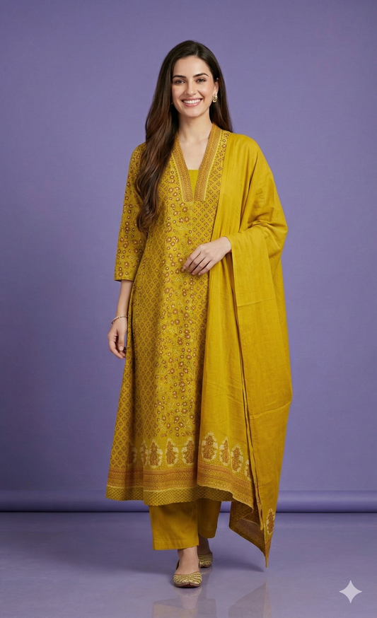 Yellow Deep-V Cotton Kurta Set with Dupatta