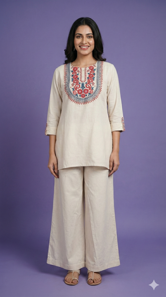 Ivory Round Neck Cotton Short Kurta