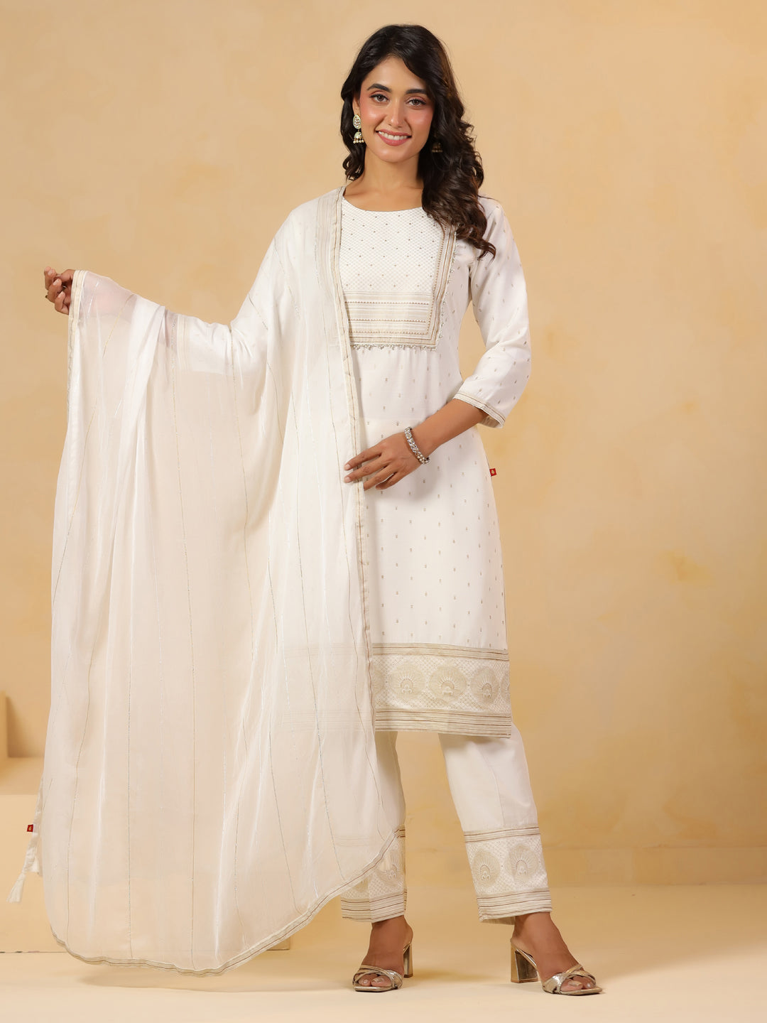 Span White Round Neck Rayon Kurta Set with Dupatta